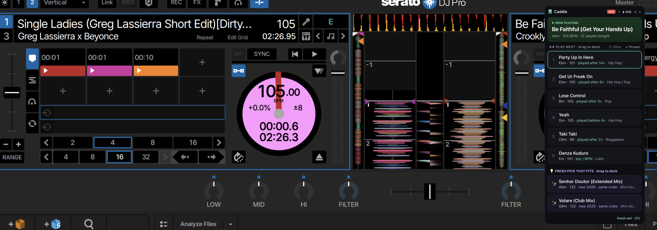 Serato DJ Pro with two decks loaded and the Deck Caddie panel floating at the right of the screen, showing the six next suggestions.